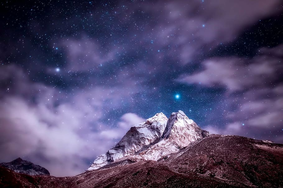 snowy, mountain, night time, himalayas, mountains, sky, clouds, stars, night, sunset