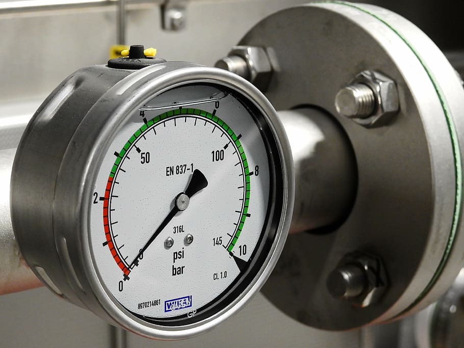 silver gauge meter, industry, tube, metal, stainless steel, anlagentechnik, technology, ad, pressure gauge, pressure