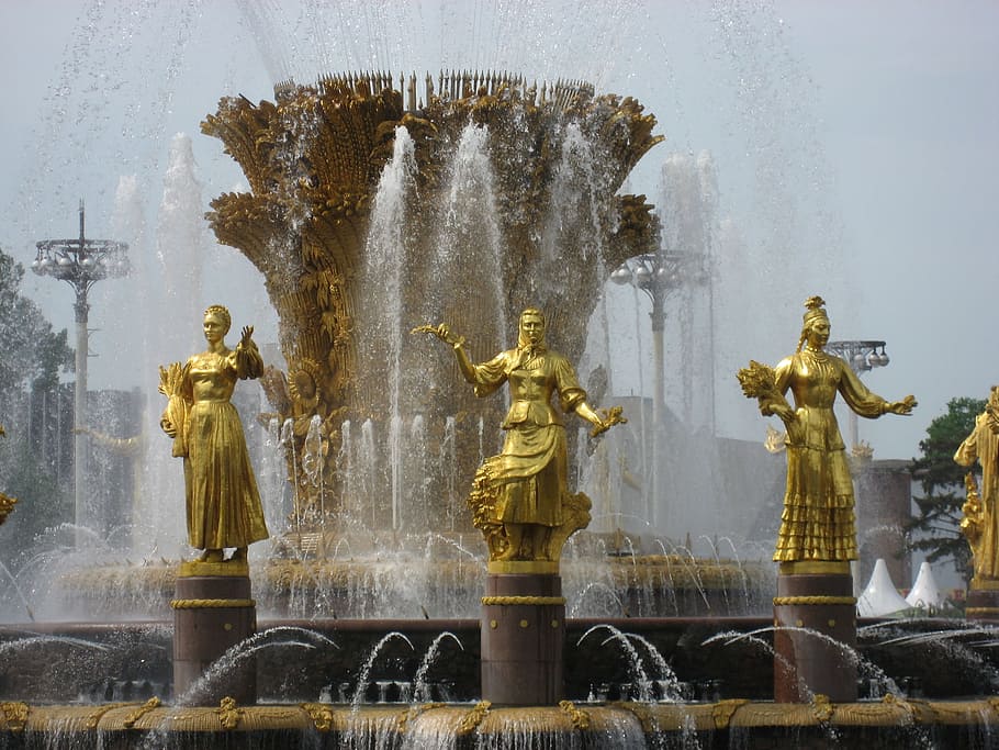 噴水, 女性, モスクワ, ロシア, 歴史的に, 図, 建築, 水, ウォータージェット, ウェット