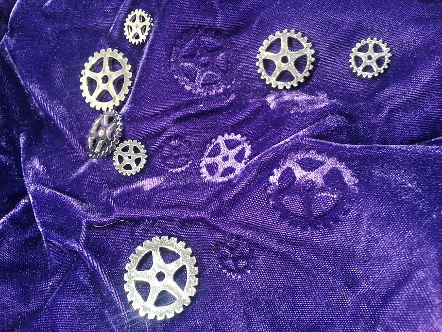 steampunk, purple, silver, gears, embossed, textile, blue, pattern, floral pattern, close-up