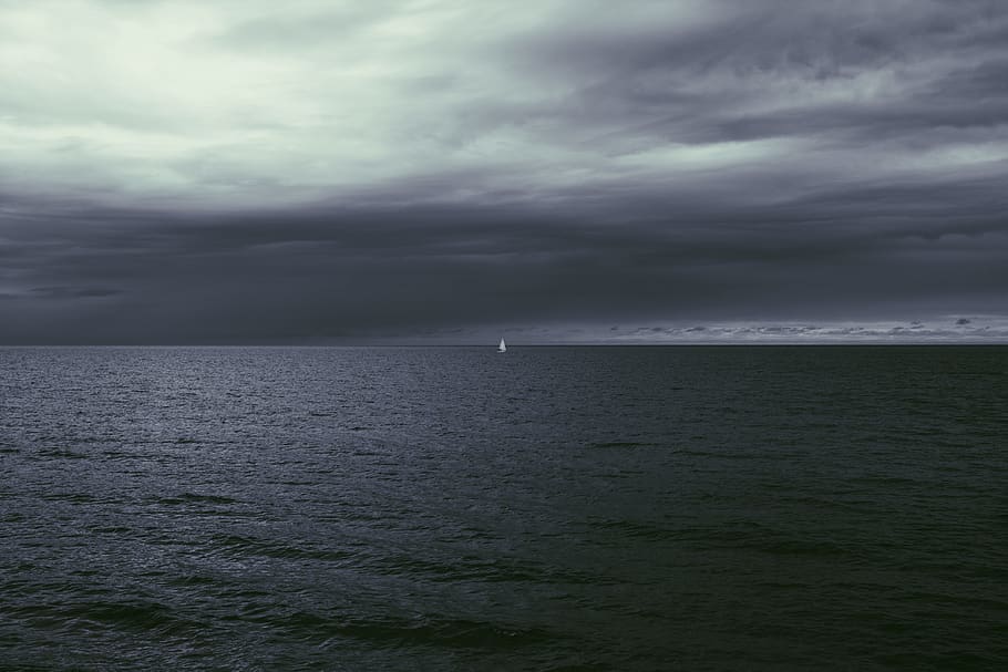 mar, oceano, água, onda, escuro, céu, nuvens, horizonte, barco, vela