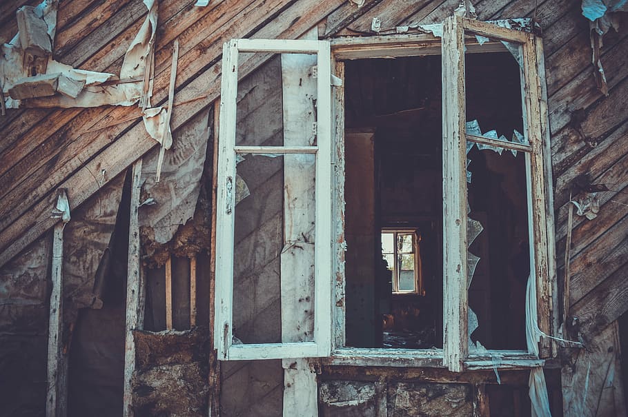 shattered, glass window, brown, wooden, wall, window, house, an abandoned, building, architecture