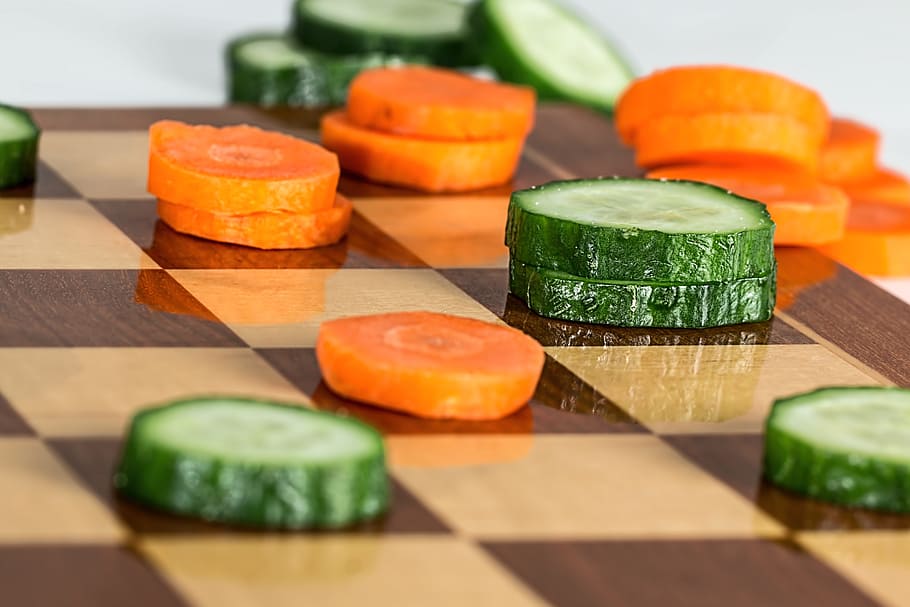 sliced, cucumber, carrots, brown, chess board, healthy, salads, foods, diet, fresh