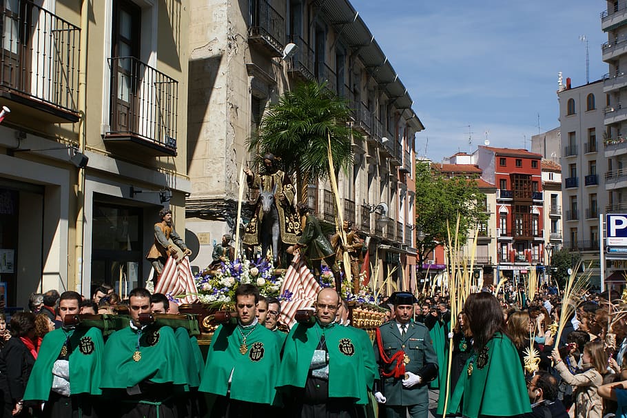 procesión, valladolid, paso, palmas, pascua, calle, ciudad, multitud, desfile, españa