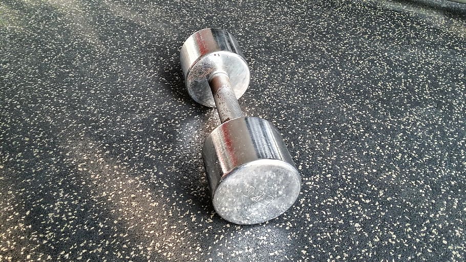 silver fixed-weight dumbbell, table, dumbbell, fitness, training, sport, fit, sporty, fitness room, weight lifting