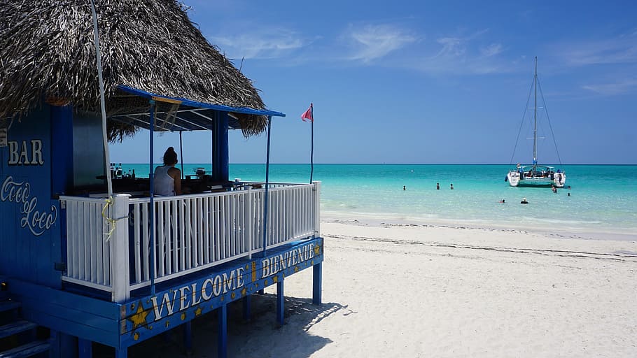 azul, blanco, cabaña, distante, barco, mar, Cuba, Cayo Coco, Playa, Pilar