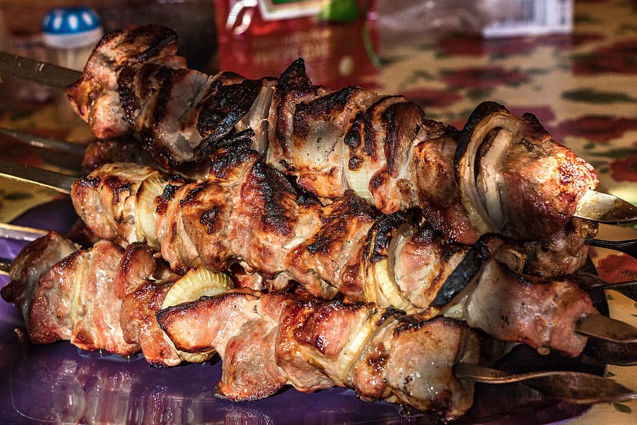 shish kebab, meat, skewers, nutrition, frying, coals, picnic, grill, meat skewers, grilled meat