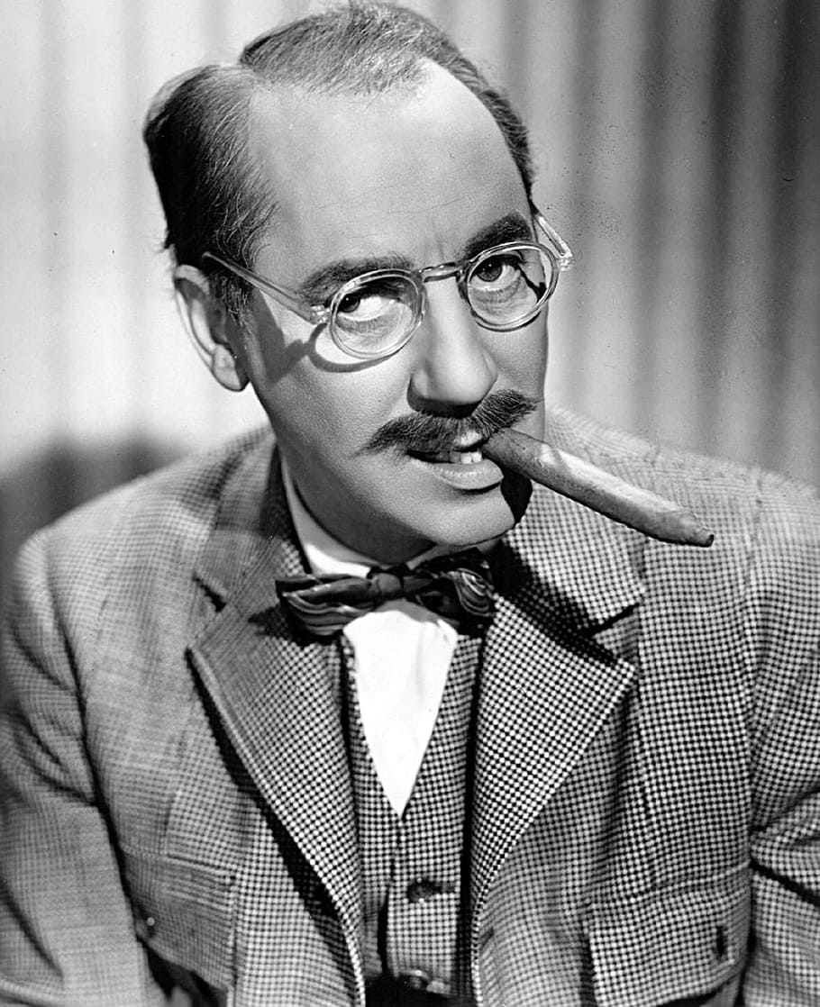 grayscale photo, man, tobacco, eyeglasses, groucho marx, vaudeville, comedian, television, films, movies