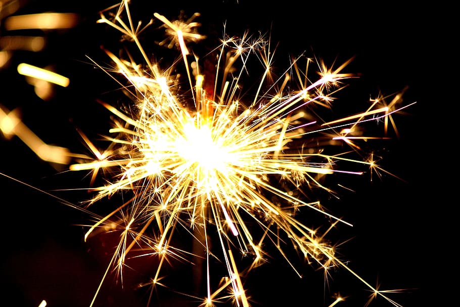 yellow fireworks, sparkler, sylvester, dark, light, fireworks, firework, celebration, motion, event