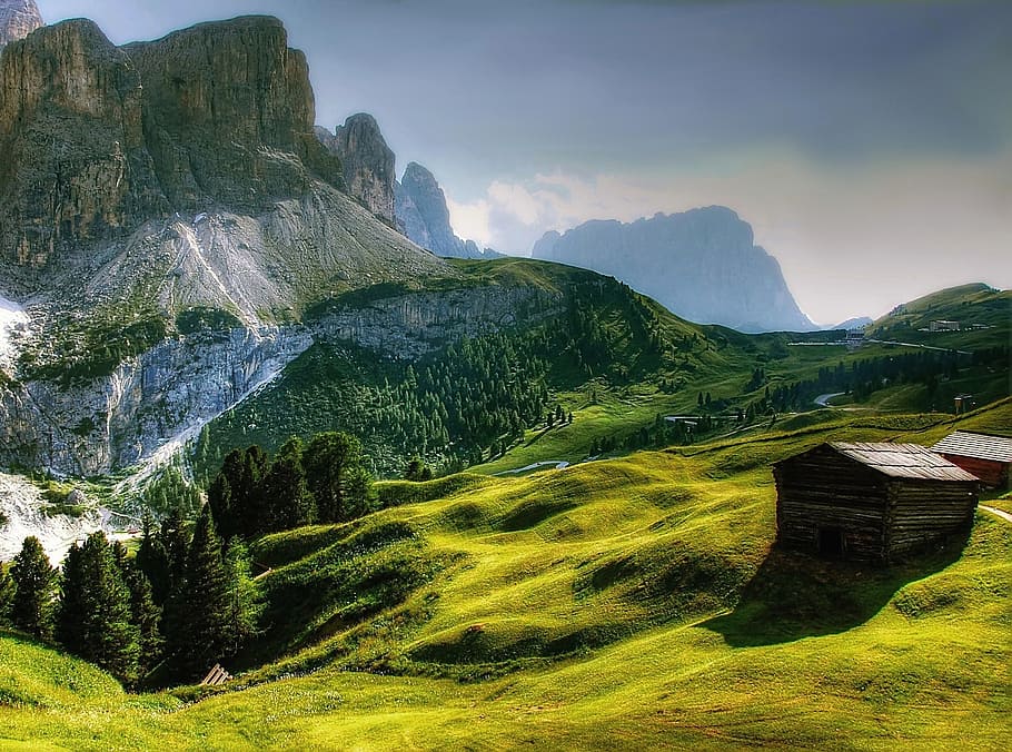 foto del paisaje, cabaña, colina, montañas, dolomitas, tirol del sur, alpino, italia, patrimonio mundial de la unesco, trentino