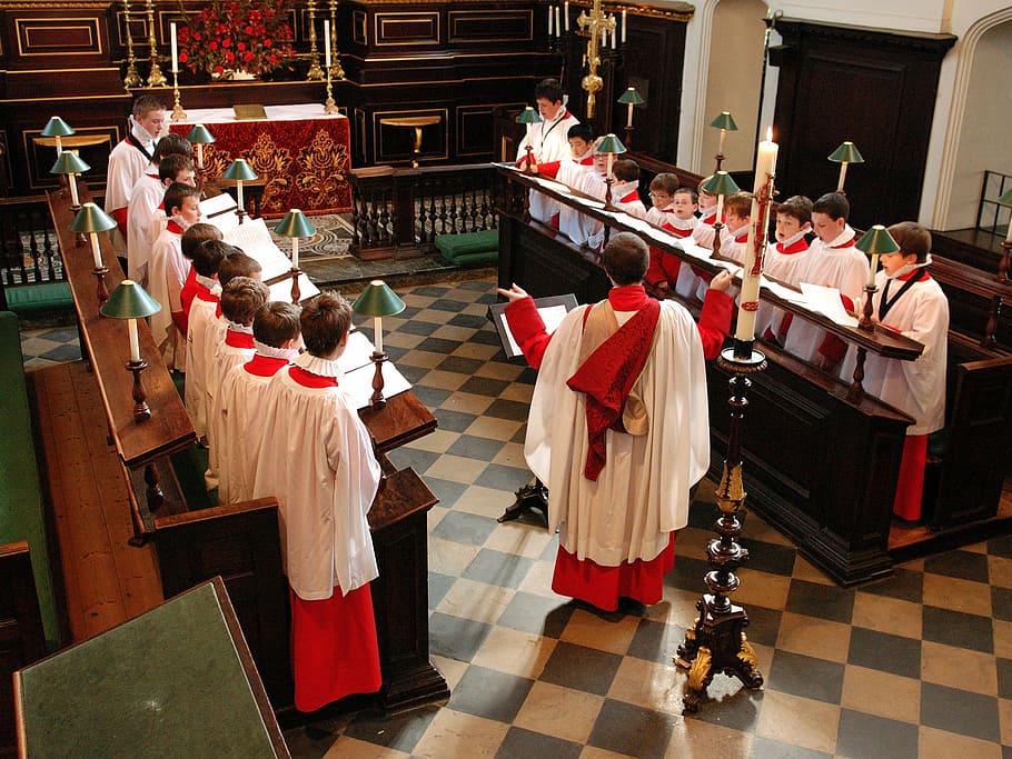 priest, middle, group, children, inside, room, england, boys choir, british, church