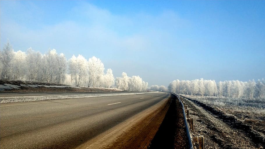 sibéria, primeira neve, geadas, estrada, transporte, céu, o caminho a seguir, direção, natureza, inverno