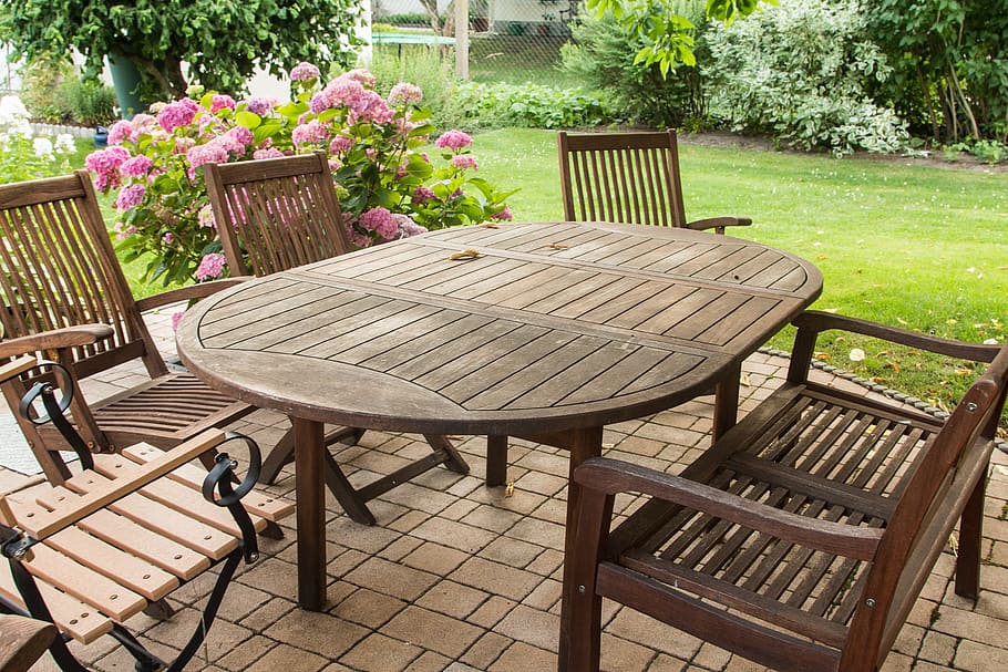 outdoor, oval, wooden, table, chairs, wooden table, garden, garden furniture, sit, garden chairs