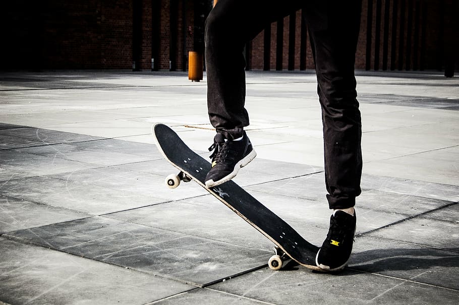 person, riding, black, skateboard, adidas, chrome, extreme, floor, human, light