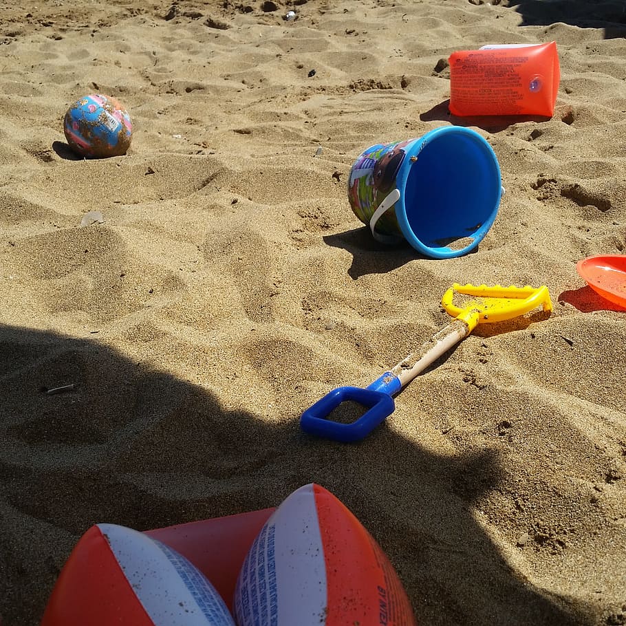 games, bucket, armrests, beach umbrella, sand, crotone, land, beach, sand pail and shovel, blue