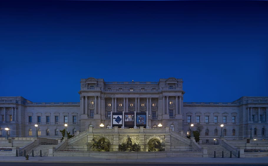 灰色, 白, コンクリート, 建物, 議会図書館, 夜, 建築, ワシントン, dc, 国会議事堂