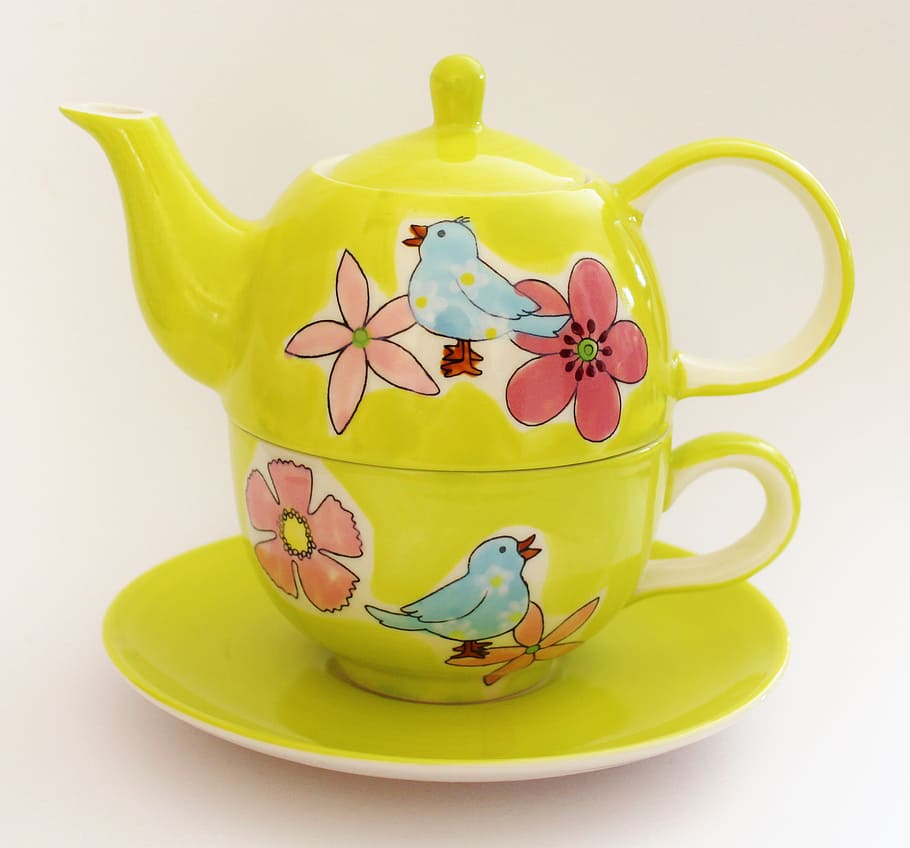 green-red-and-blue bird, flower print teacup, teapot, set, winter, cup, tea, green, blossom, bloom
