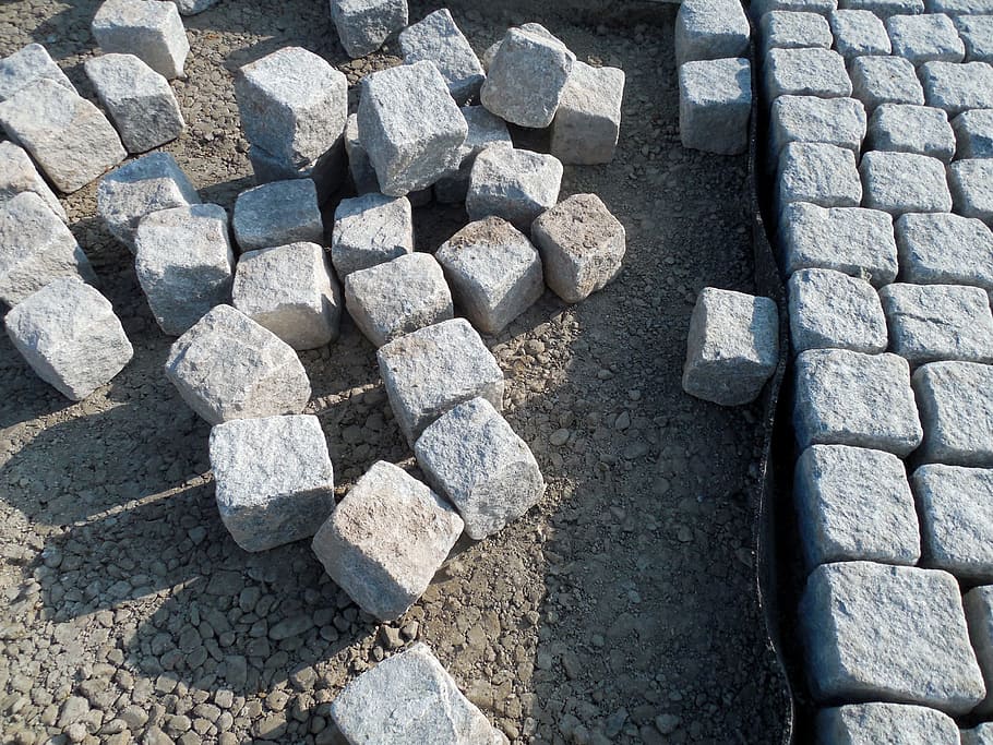 paving, stones, Paving Stones, Road Construction, cobblestones, pavement, road, patch, away, construction material
