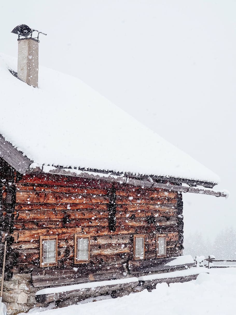 brown, wooden, house, covered, snow, architecture, winter, cold, weather, roof