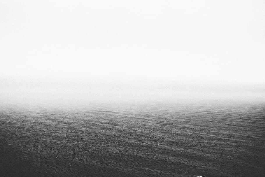 grayscale view, body, water, surrounded, fog, black, white, sky, black and white, landscape