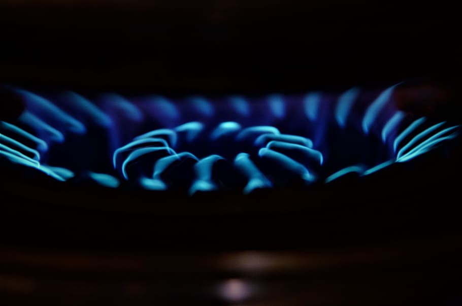 macro, gas, color, fire, blue, close-up, flame, indoors, black background, burner - stove top