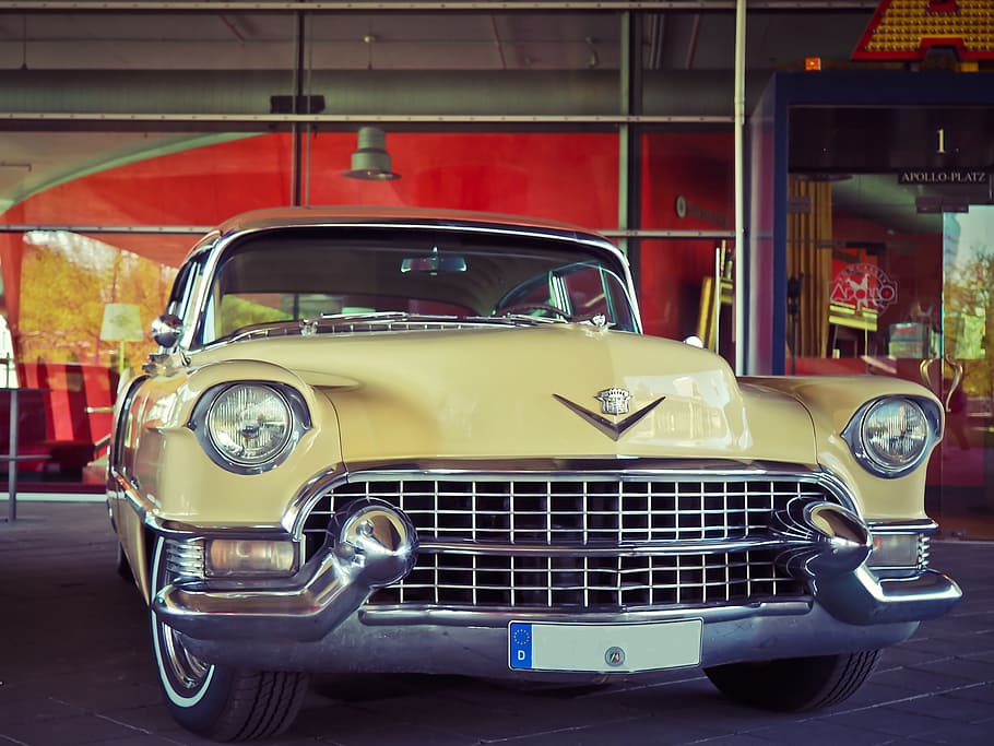 yellow, chevrolet, bel, air, auto, cadillac, oldtimer, classic, vehicle, chrome