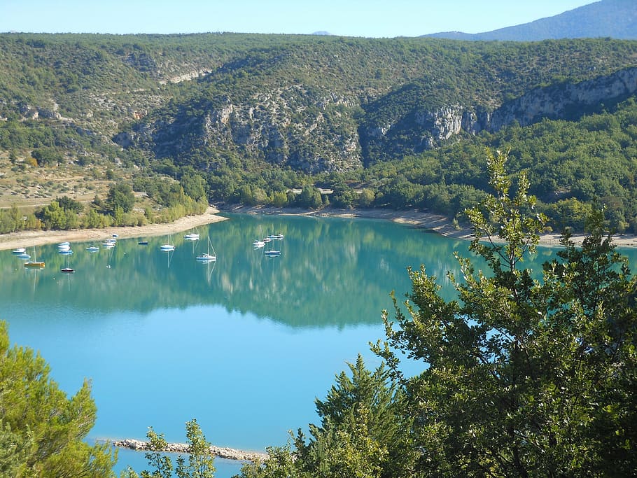 france, verdon, mountains, landscape, scenic, water, lake, nature, summer, forest