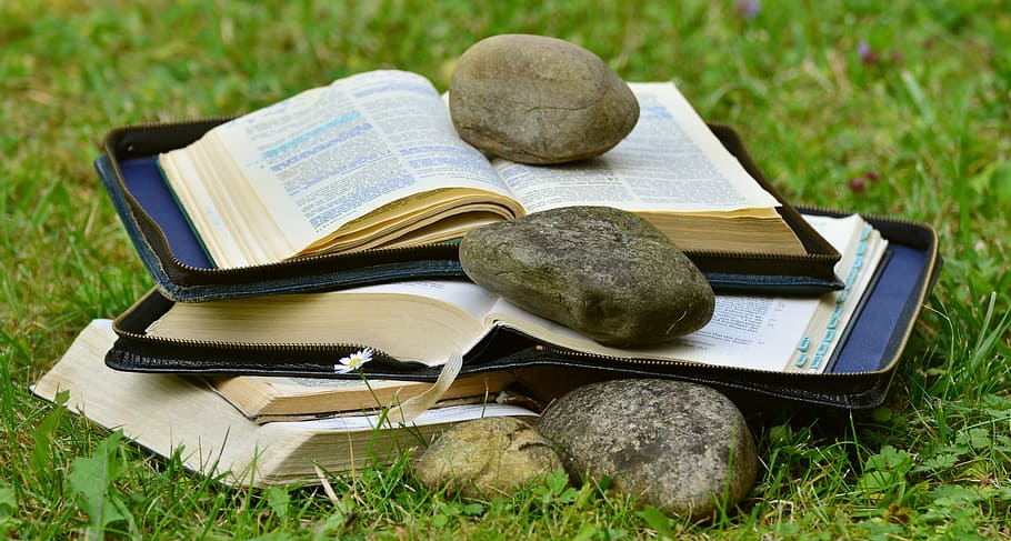 brown, rock, top, opened, Book, Bible, Pitched, Read, christian literature, holy scripture