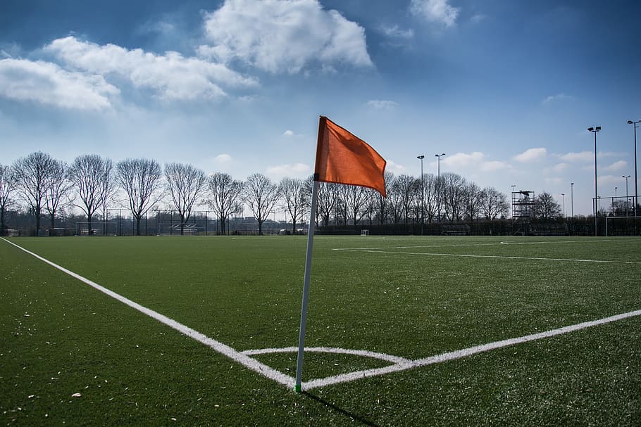 orange, flag, sports field, football, soccer, pitch, field, corner, grass, sport