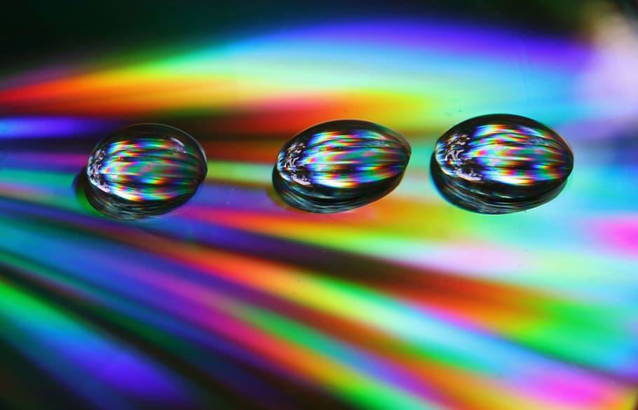 Drops, Cd, Abstract, Macro, Disc, technology, dvd, reflection, rainbow colors, disk