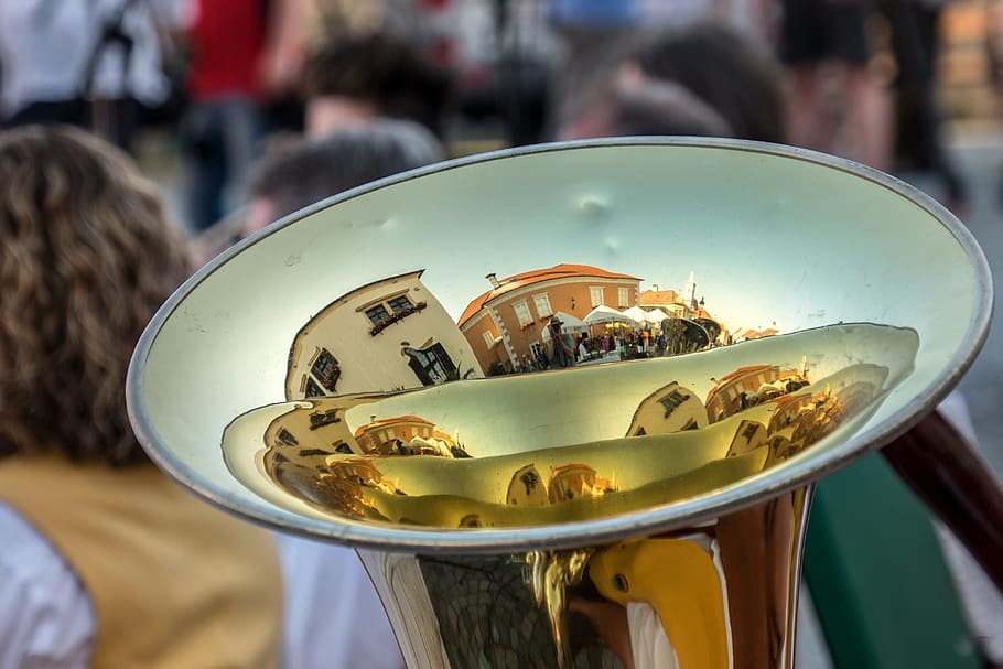mirroring, music, musical instrument, gloss, tuba, instrument, reflection, blowers, rust neusiedlersee, festival