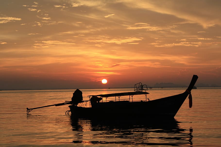 silhouette, boat, orange, sunsedt, thailand, longtail, sea, tropical, island, thai
