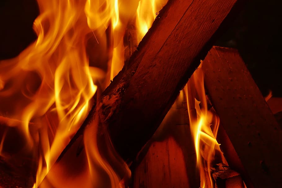 fuego, madera, noche, llama, caliente, oscuro, resplandor, fogata, calor, quemadura