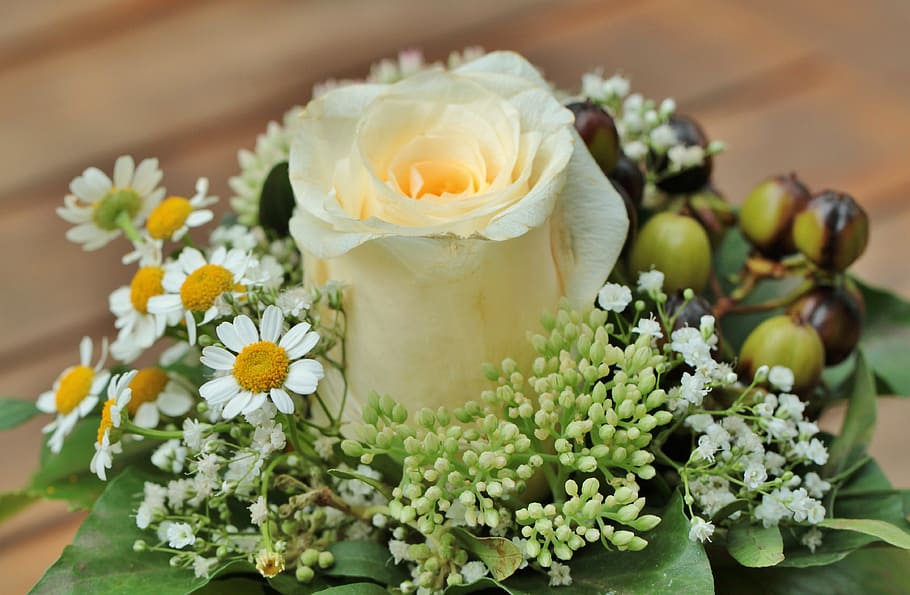 yellow, rose, white-and-yellow daisy flowers, floral arrangement, bouquet of flowers, flowers, white roses, decorative, white, tender