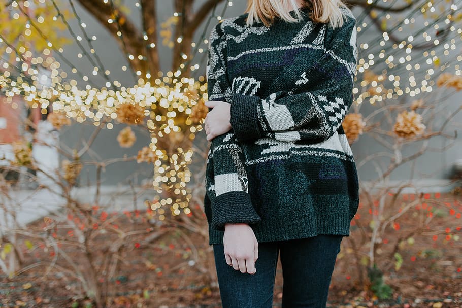 people, woman, sweater, cold, christmas lights, lights, bokeh, tree, nature, flower