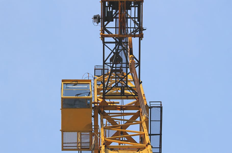 kuning, seluler, pusat kendali crane, siang hari, foto sudut rendah, konstruksi, peralatan, crane, industri, biru