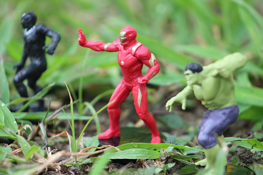 avengers, play, nature, fight, people, miniatures, dolls, green color, day, plant