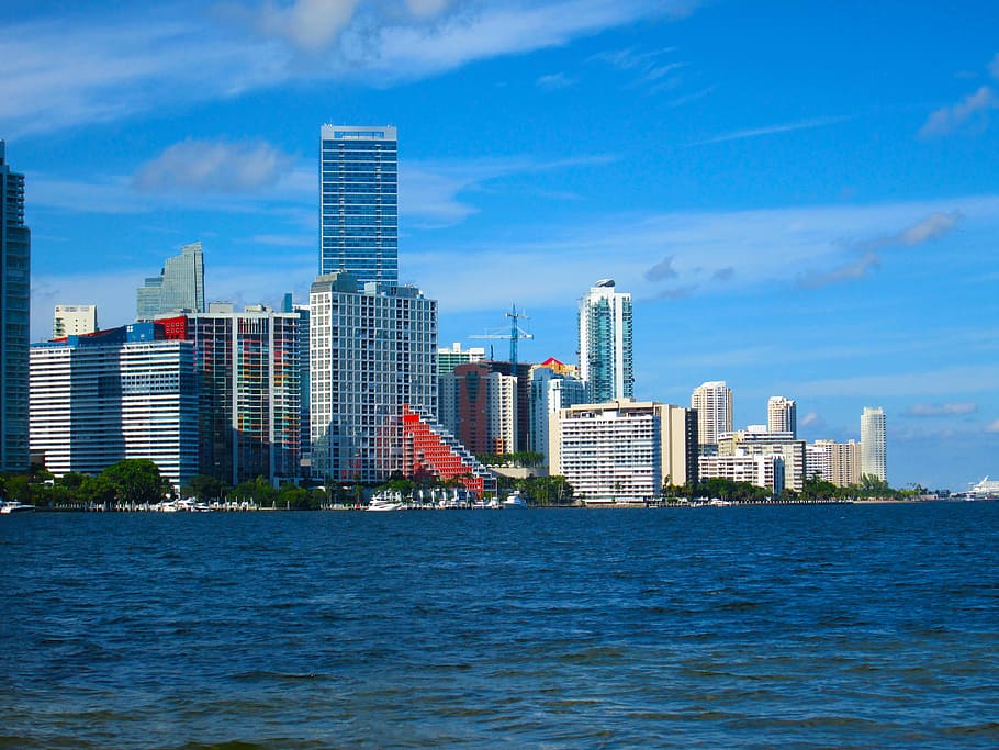 high, rise buildings, water, miami, downtown, florida, cityscape, biscayne, architecture, built structure