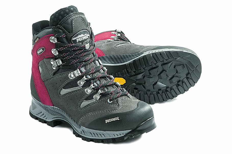 gray-and-black boots, shoe, mountain shoe, hiking shoes, sport, hiking, red, grey, meindl, white background