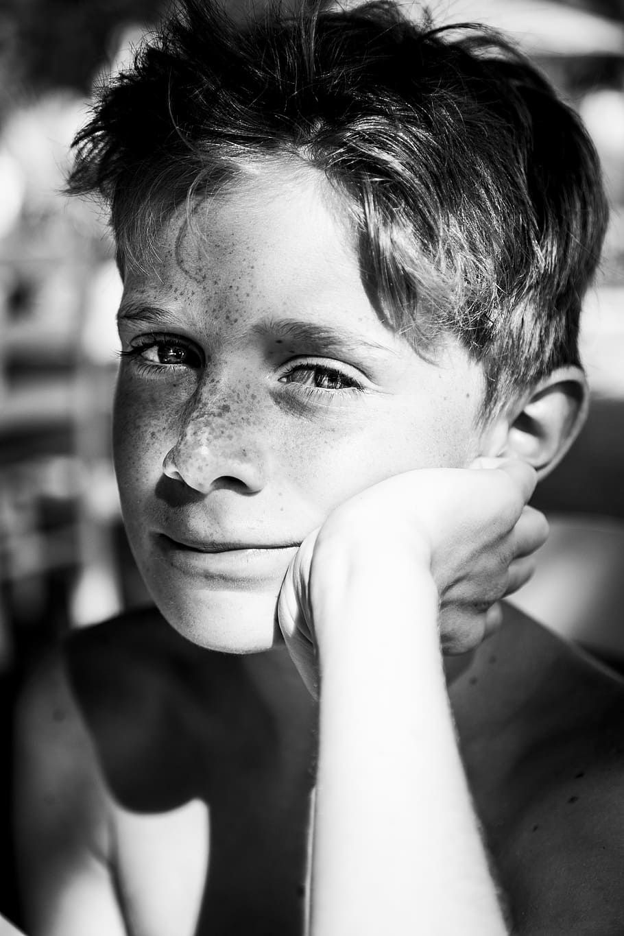 grayscale photo, boy, face, Freckles, Young, People, Satisfied, young, people, portrait, eyes