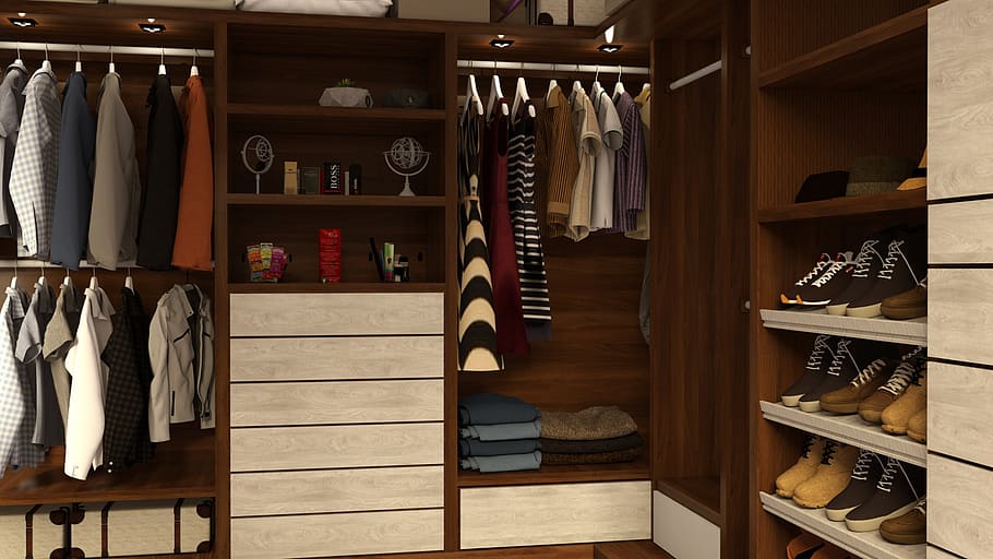 clothes, cabinet, interior, sofa, carpet, bag, shoes, lamp, shelf, indoors