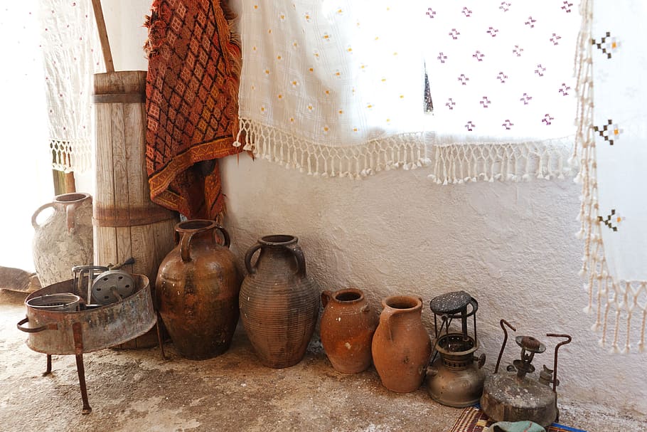 several, jars, white, painted, wall, aged, ancient, antique, ceramic, clay