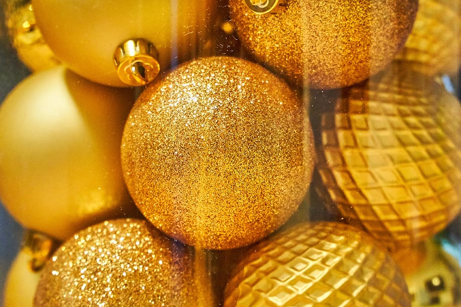 christbaumkugeln, dourado, embalado, classificado, embalagem, dado, enfeites de árvore, natal, advento, época do natal
