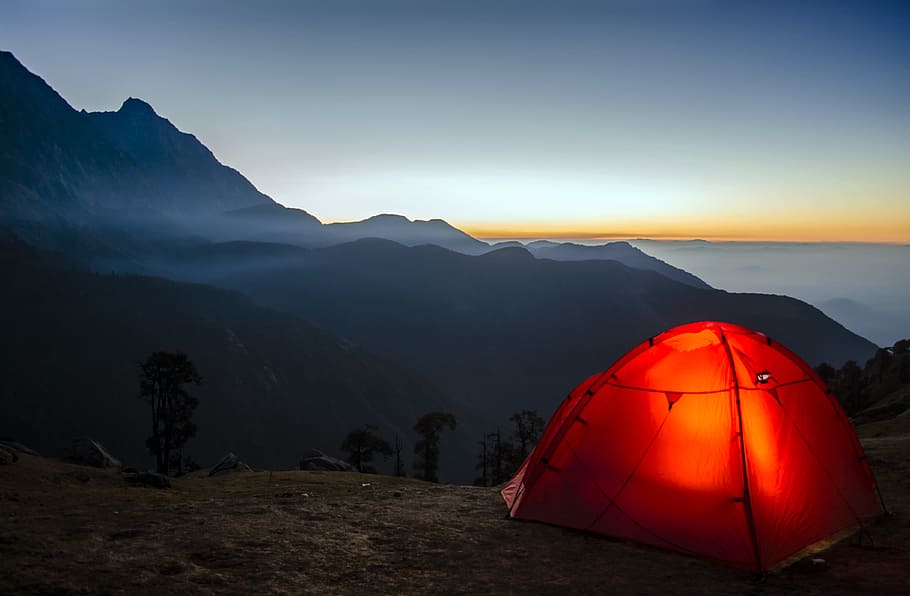 빨간, 돔 텐트, 정면, 산맥, 캠핑, 여행, 일출, 모험, 자연, 휴가
