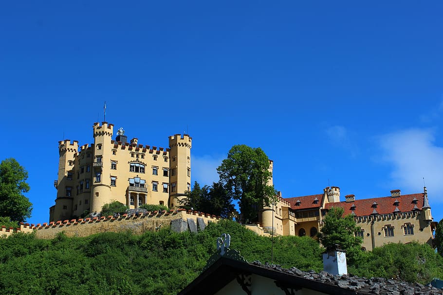 beige, brown, castle, clear, blue, sky, daytime, fairy castle, king ludwig, schwangau