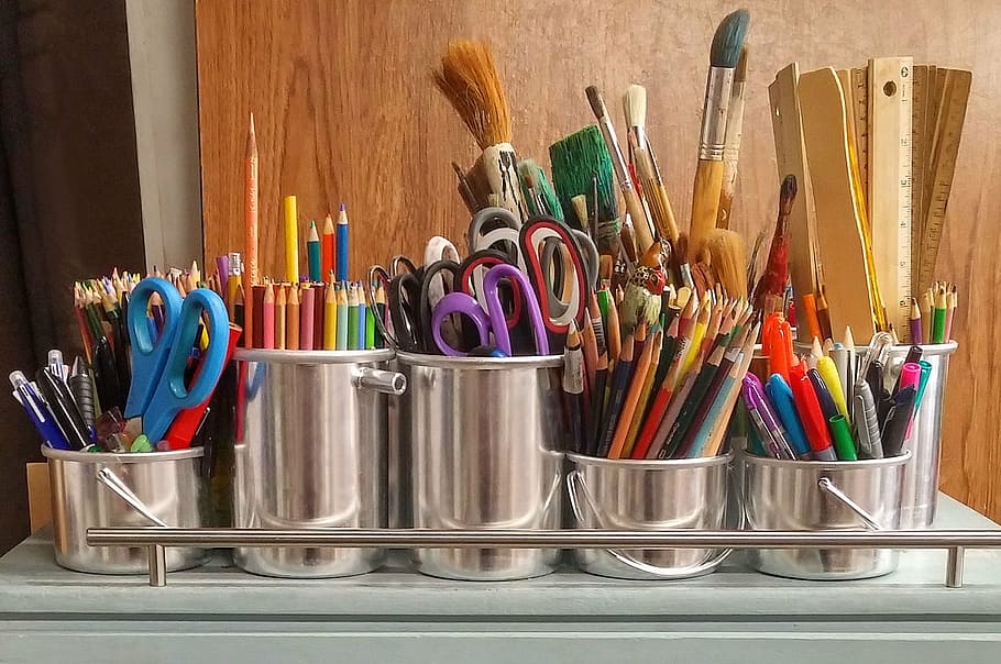 assorted, office supplies, grey, stainless, steel bucket organizers, art supplies, brushes, rulers, scissors, paintbrush
