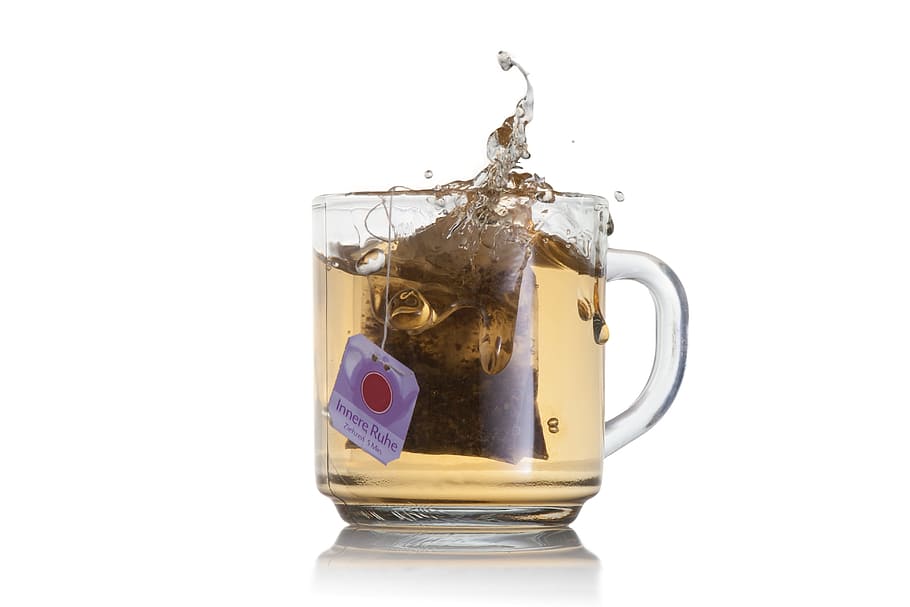 clear, glass cup, filled, teal, splash, tee, drink, cup, tea, teacup