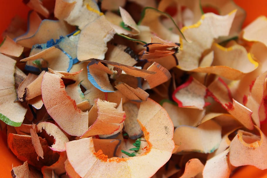 scraps, pencil sharpener, shavings, waste, crayons, wood, color, texture, the structure of the, pattern
