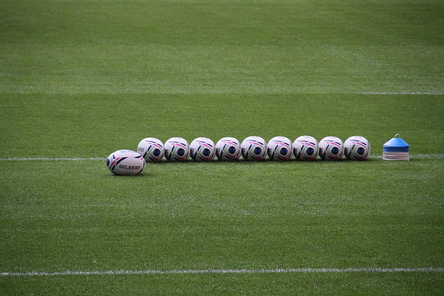 white, soccer balls, green, grass field, rugby, balls, world, cup, stadium, sport
