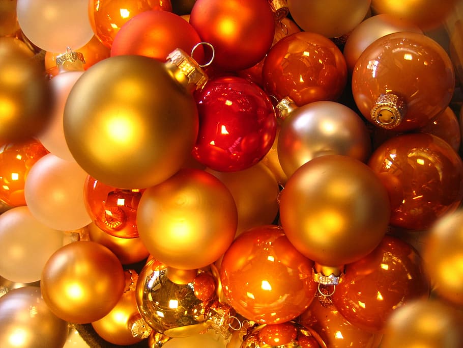 banyak perhiasan merah-oranye, bola, christbaumkugeln, glaskugeln, kuning, oranye, ornamen natal, perhiasan natal, weihnachtsbaumschmuck, berkilau
